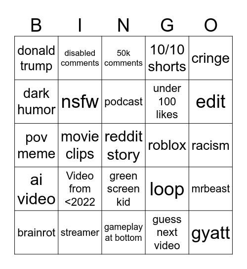 Youtube shorts Bingo Card