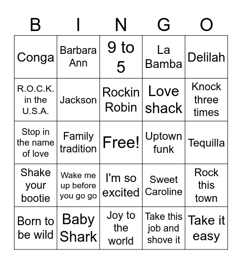 Fun Bingo Songs Bingo Card