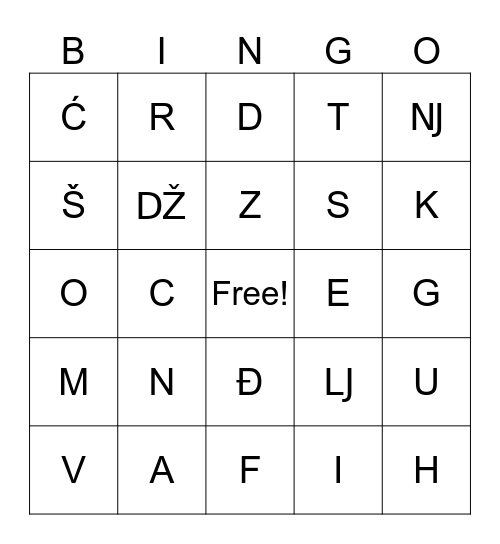 Croatian Scrabble Bingo Card