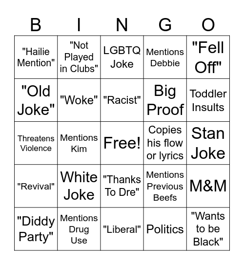 Eminem Diss Bingo Card