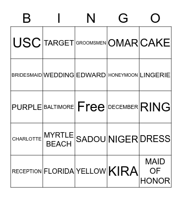 KIRA'S BRIDAL SHOWER Bingo Card