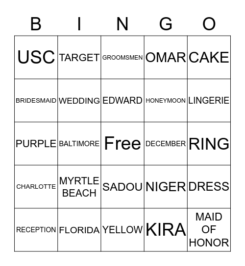 KIRA'S BRIDAL SHOWER Bingo Card