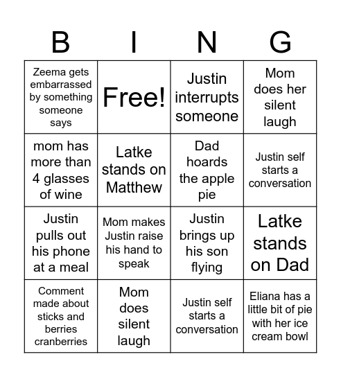 Family Thanksgiving Bingo Card