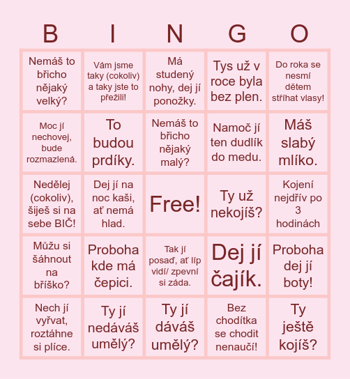 Nevyžádané rady a komentáře Bingo Card