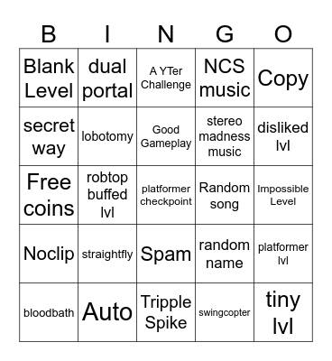 Recent Tab Bingo (Geometry Dash) Bingo Card