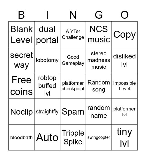 Recent Tab Bingo (Geometry Dash) Bingo Card