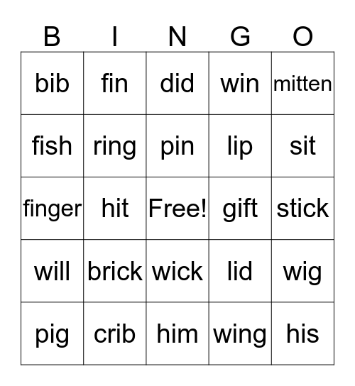 Phonics "I" Bingo Card