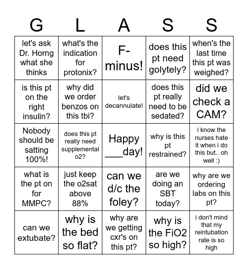 GLASS Bingo Card