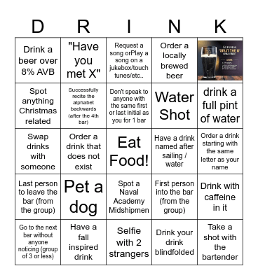 Pub Crawl Bingo Card
