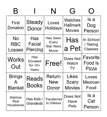 Donor Bingo Card
