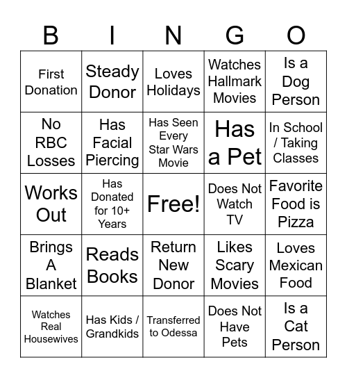 Donor Bingo Card