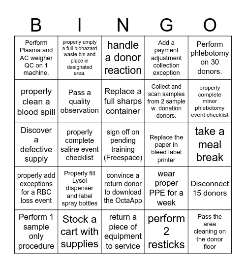 Donor Floor Bingo Card