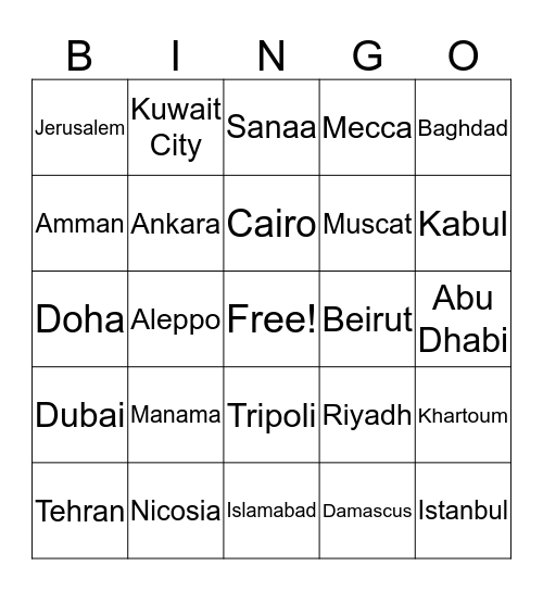 Middle East Bingo Card