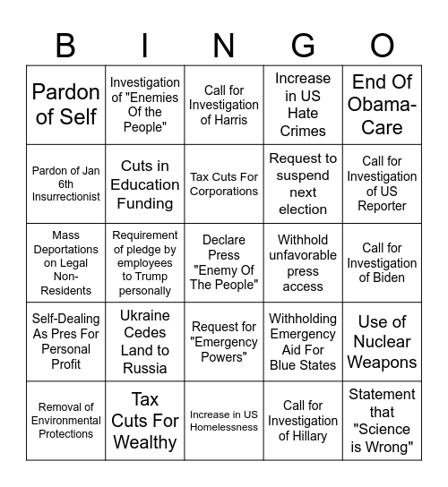 Trump Term Bingo Card