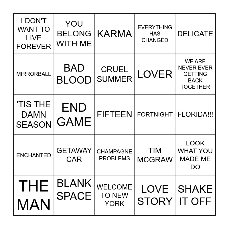 TAYLOR TOP 40 Bingo Card