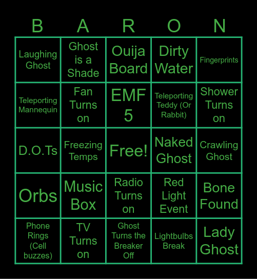 Phasmophobia Bingo Card