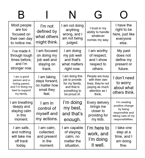 Positive Self-Talk for Uber Eats Bingo Card