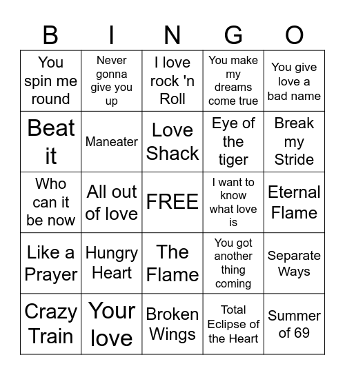 80's #1 Bingo Card