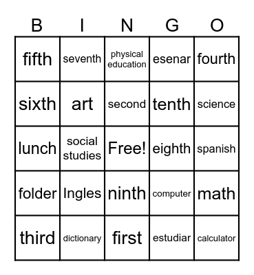 School Subjects Spanish Bingo Card