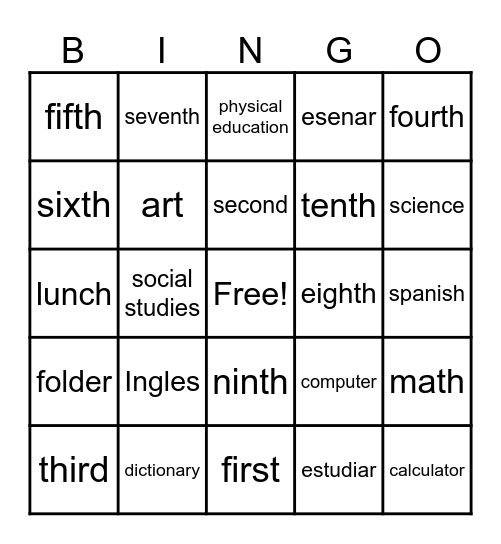 School Subjects Spanish Bingo Card