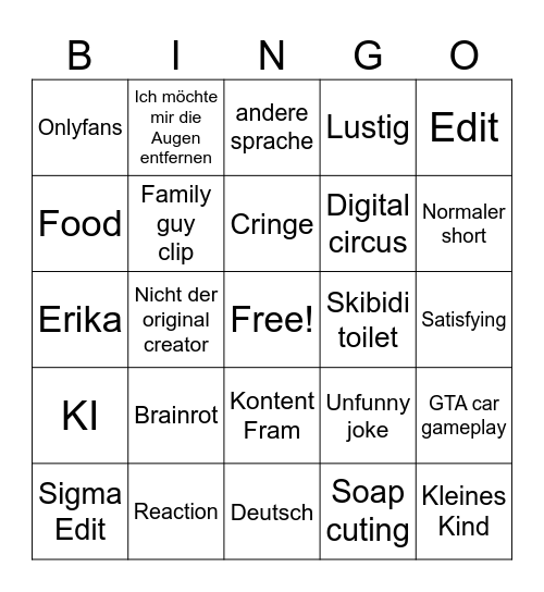 Youtube Shorts Bingo Card