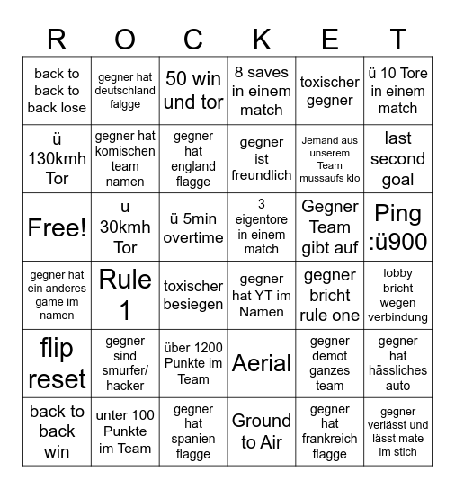 Rocket Leuge stream bingo Card