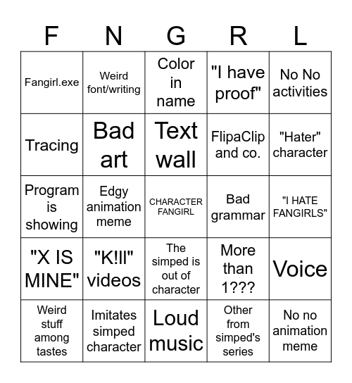 Fangirl Bingo! Bingo Card