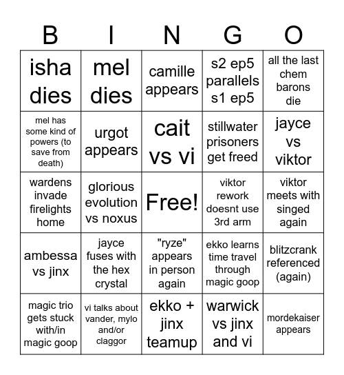 arcane s2 bingo (but its act 2 and 3 cuz i already watched act 1) Bingo Card