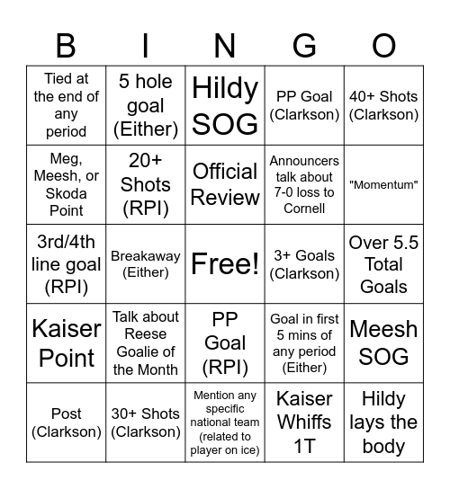 RPI Women's Hockey vs Clarkson Bingo Card