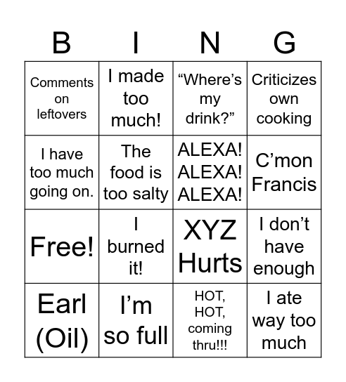 Francis’s Cooking Bingo Card