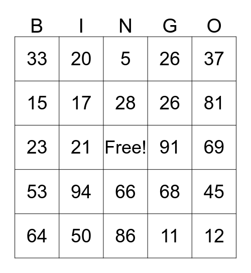 Place Value Bingo Card