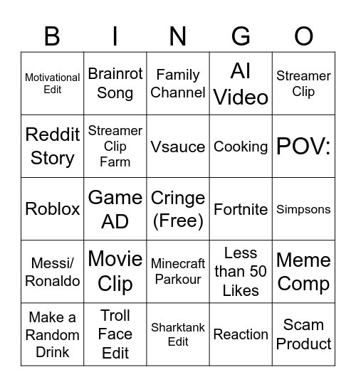 YouTube Shorts Bingo Card