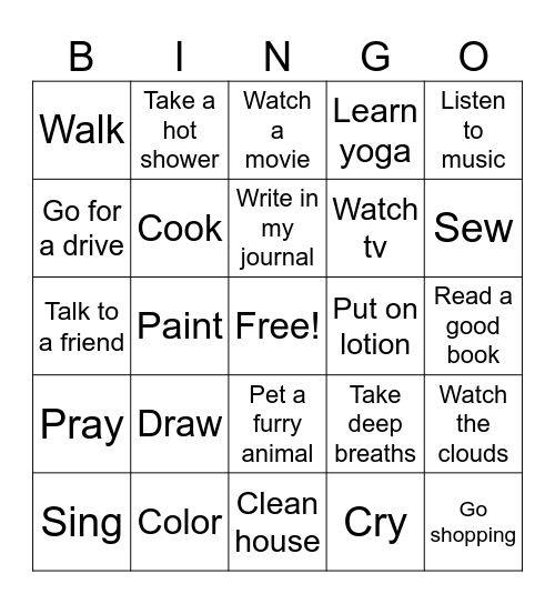 Coping skills Bingo Card