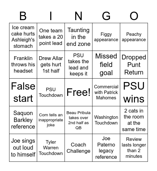 PSU Tailgate Bingo Card Bingo Card