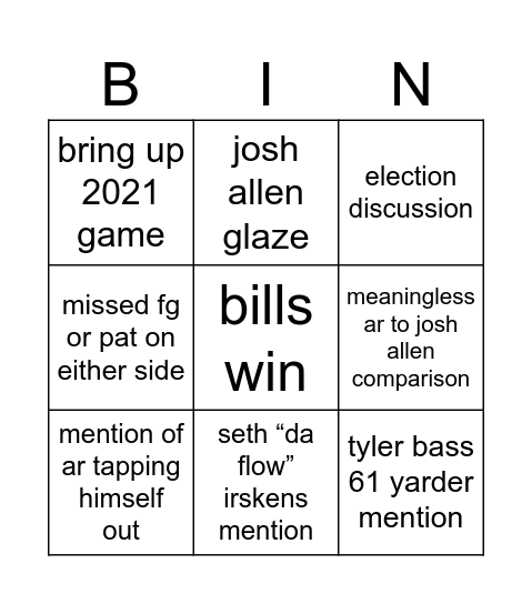 bills vs colts bingo Card