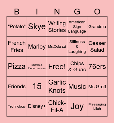 Molly's Favorites Bingo Card