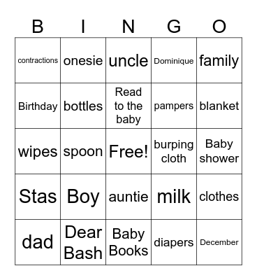 Dear Bash Bingo Card