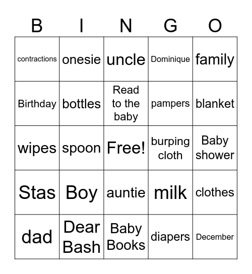 Dear Bash Bingo Card