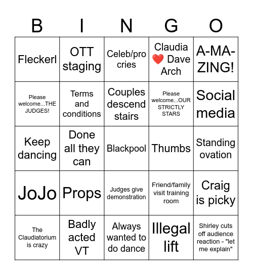 Strictly Come Dancing Bingo Card