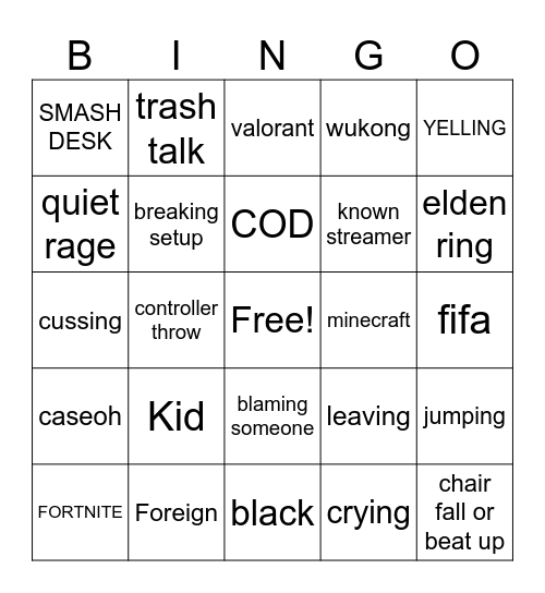 Gamer rage Bingo Card