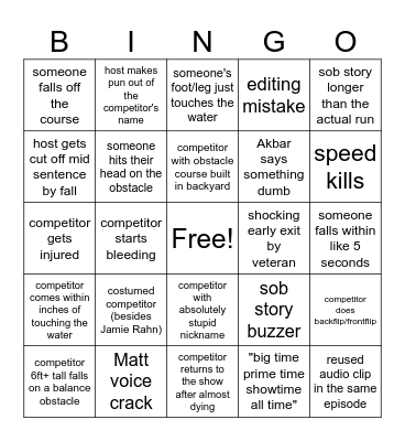 American Ninja Warrior Bingo Card