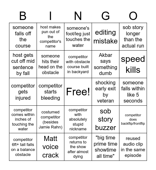 American Ninja Warrior Bingo Card