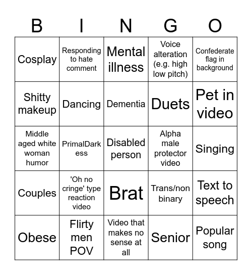 Cringe Compilation Bingo Card