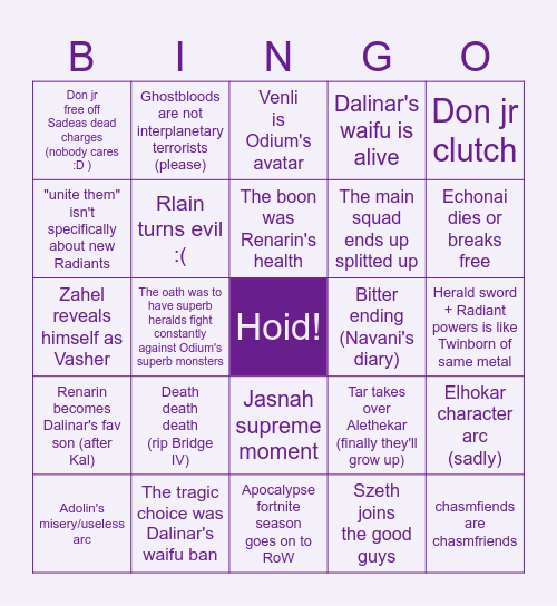 Oathbringer Bingo Card