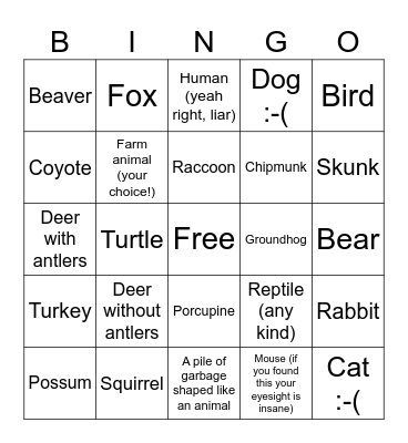 Sarah’s Roadkill Bingo Card