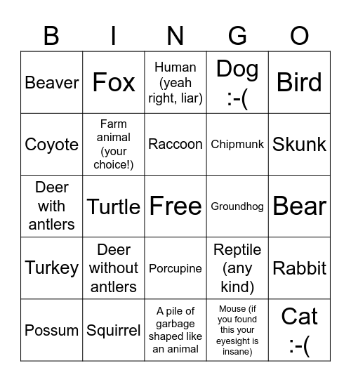 Sarah’s Roadkill Bingo Card