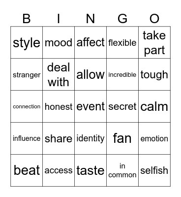 Unit 1 vocabulary Bingo Card