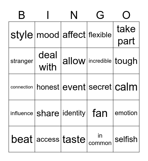 Unit 1 vocabulary Bingo Card