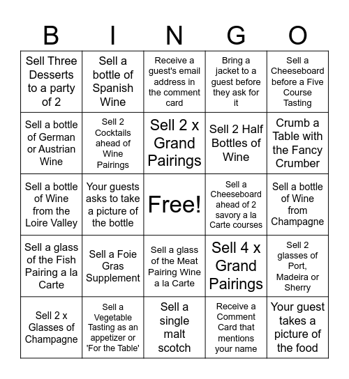 Gracie's Sales Bingo Card