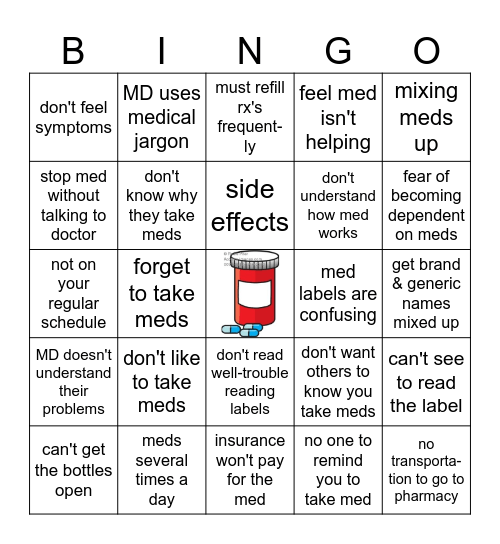 Medication Compliance Bingo Card